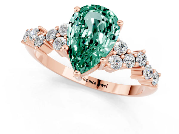 Rose gold Pear Cut Green Sapphire Scattered Round Accent Ring with Prong Setting