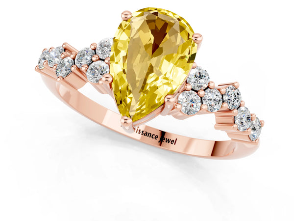 Rose gold Pear Cut Yellow Sapphire Scattered Round Accent Ring with Prong Setting