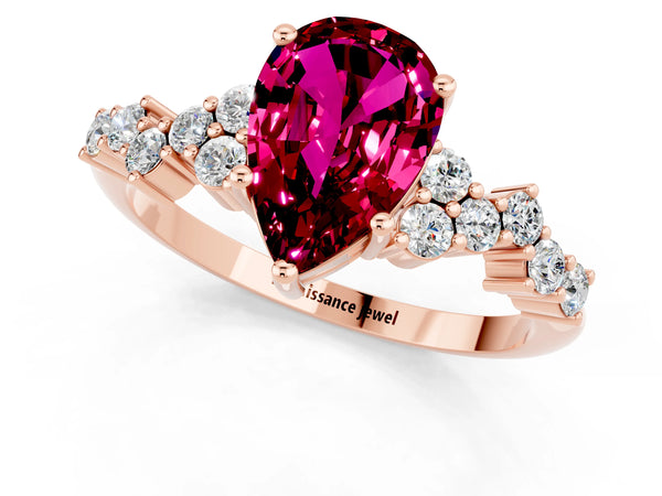 Rose gold Pear Cut Garnet Scattered Round Accent Ring with Prong Setting