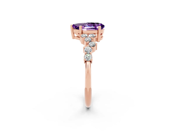Rose gold Pear Cut Amethyst Scattered Round Accent Ring with Prong Setting