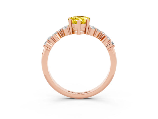 Rose gold Pear Cut Yellow Sapphire Scattered Round Accent Ring with Prong Setting