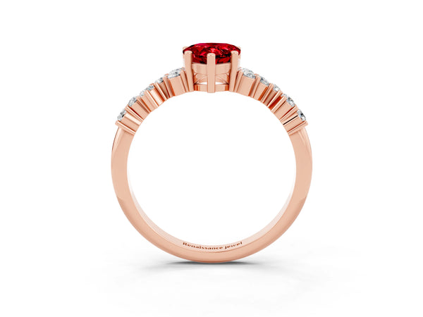 Rose gold Pear Cut Ruby Scattered Round Accent Ring with Prong Setting