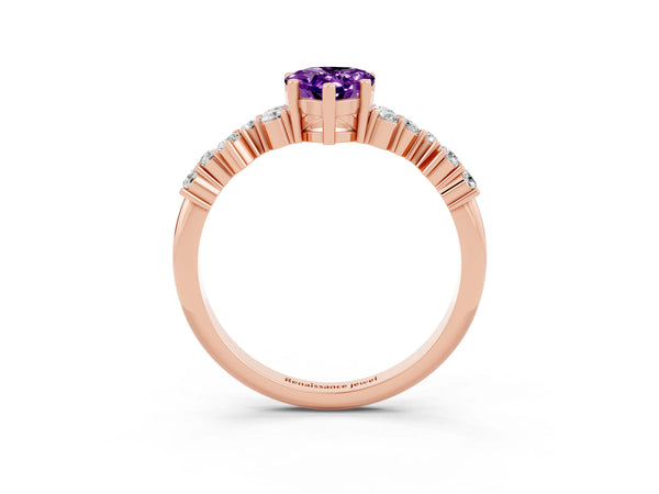 Rose gold Pear Cut Amethyst Scattered Round Accent Ring with Prong Setting