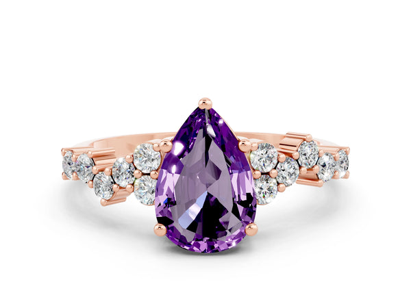 Rose gold Pear Cut Amethyst Scattered Round Accent Ring with Prong Setting