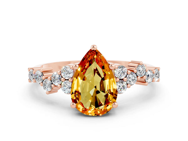 Rose gold Pear Cut Citrine Scattered Round Accent Ring with Prong Setting