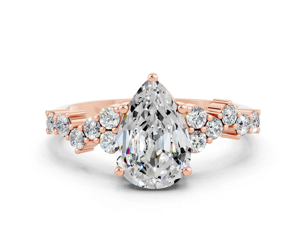 Rose gold Pear Cut Moissanite Scattered Round Accent Ring with Prong Setting