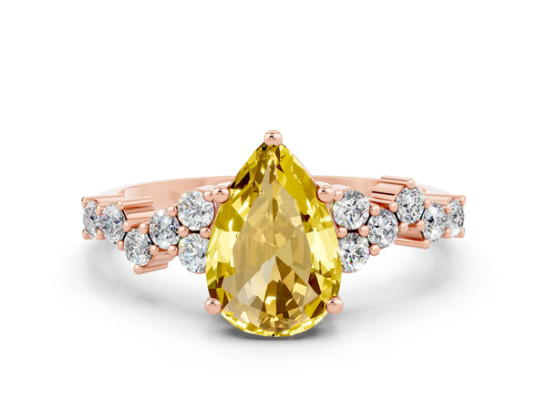 Rose gold Pear Cut Yellow Sapphire Scattered Round Accent Ring with Prong Setting