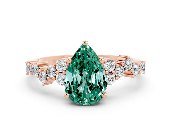 Rose gold Pear Cut Green Sapphire Scattered Round Accent Ring with Prong Setting