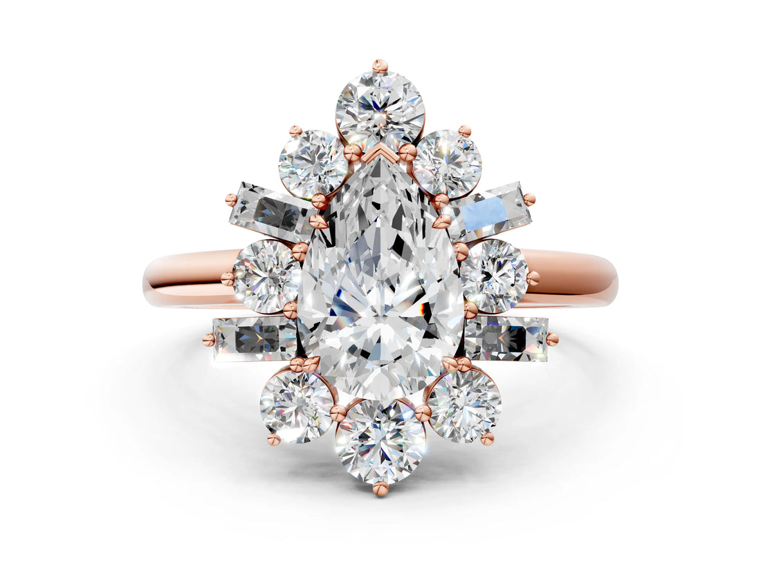 Rose gold Pear Cut Diamond Cluster Ring with Round and Baguette Stones, Split Shank Band, Prong Setting_15