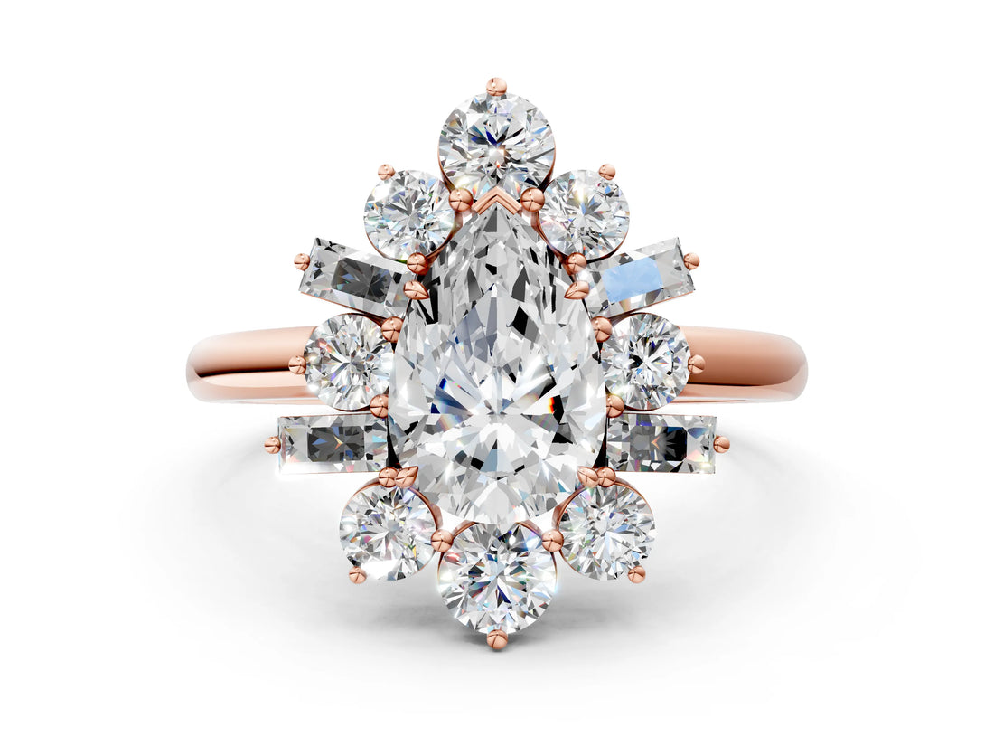 Rose gold Pear Cut Diamond Cluster Ring with Round and Baguette Stones, Split Shank Band, Prong Setting_3