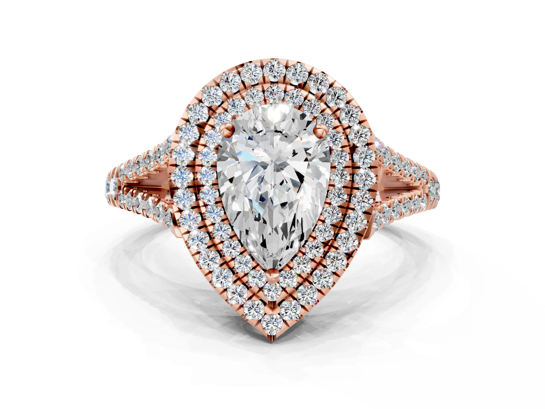 Rose gold Pear Cut Diamond Double Halo Ring with Pavé Band and Prong Setting_96