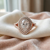 Rose gold Pear Cut Diamond Double Halo Ring with Split Shank and Prong Setting_46
