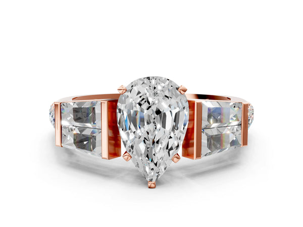 Rose gold Pear Cut Diamond Engagement Ring with Baguette Side Stones and Channel Set Band