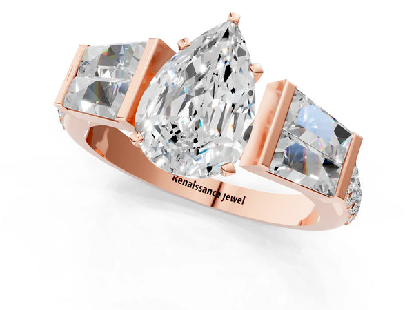 Rose gold Pear Cut Diamond Engagement Ring with Baguette Side Stones and Channel Set Band