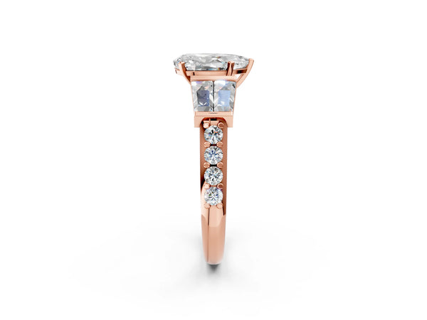 Rose gold Pear Cut Diamond Engagement Ring with Baguette Side Stones and Channel Set Band