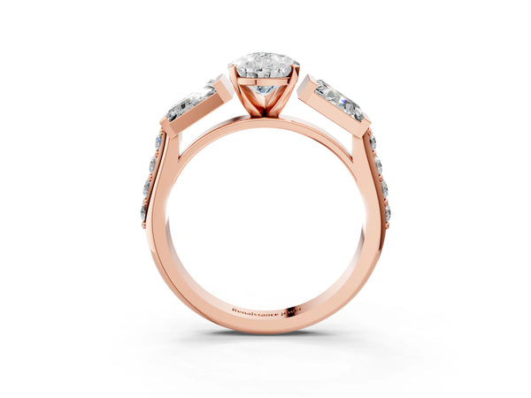 Rose gold Pear Cut Diamond Engagement Ring with Baguette Side Stones and Channel Set Band