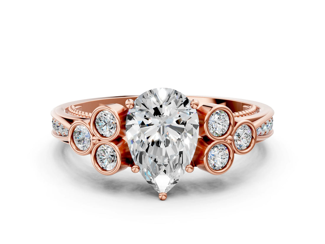 Rose gold Pear Cut Diamond Engagement Ring with Bezel Set Round Side Stones and Prong Setting_62