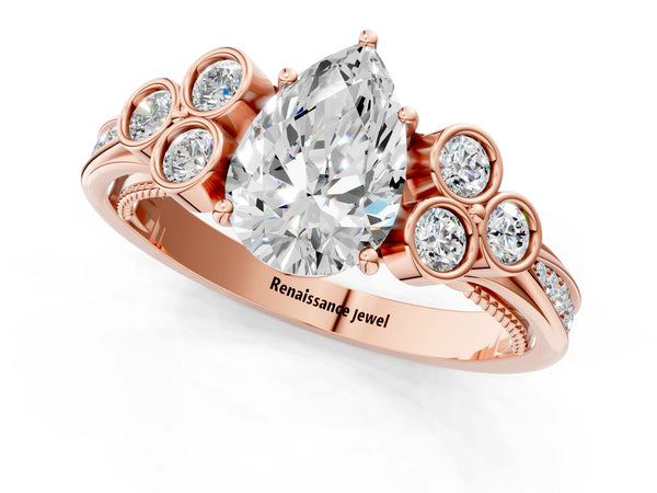 Rose Gold Pear-Shaped Vintage Engagement Ring Setting with Bezel-Set Shoulder Clusters and Milgrain