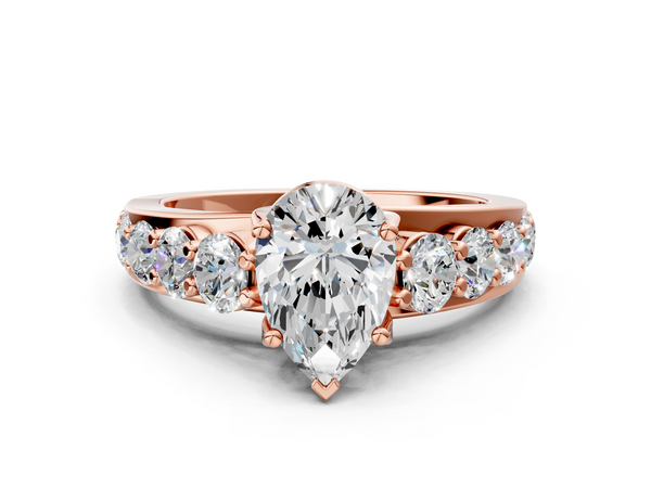 Rose gold Pear Cut Diamond Engagement Ring with Pavé Band and Four-Prong Setting