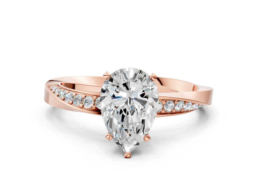 Rose gold Pear Cut Diamond Engagement Ring with Side Stone Accents and Four-Prong Setting
