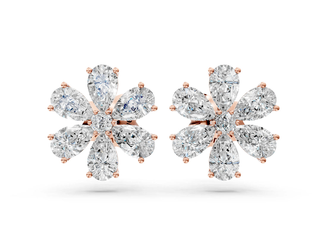 Rose gold Pear Cut Diamond Floral Cluster Stud Earrings_14