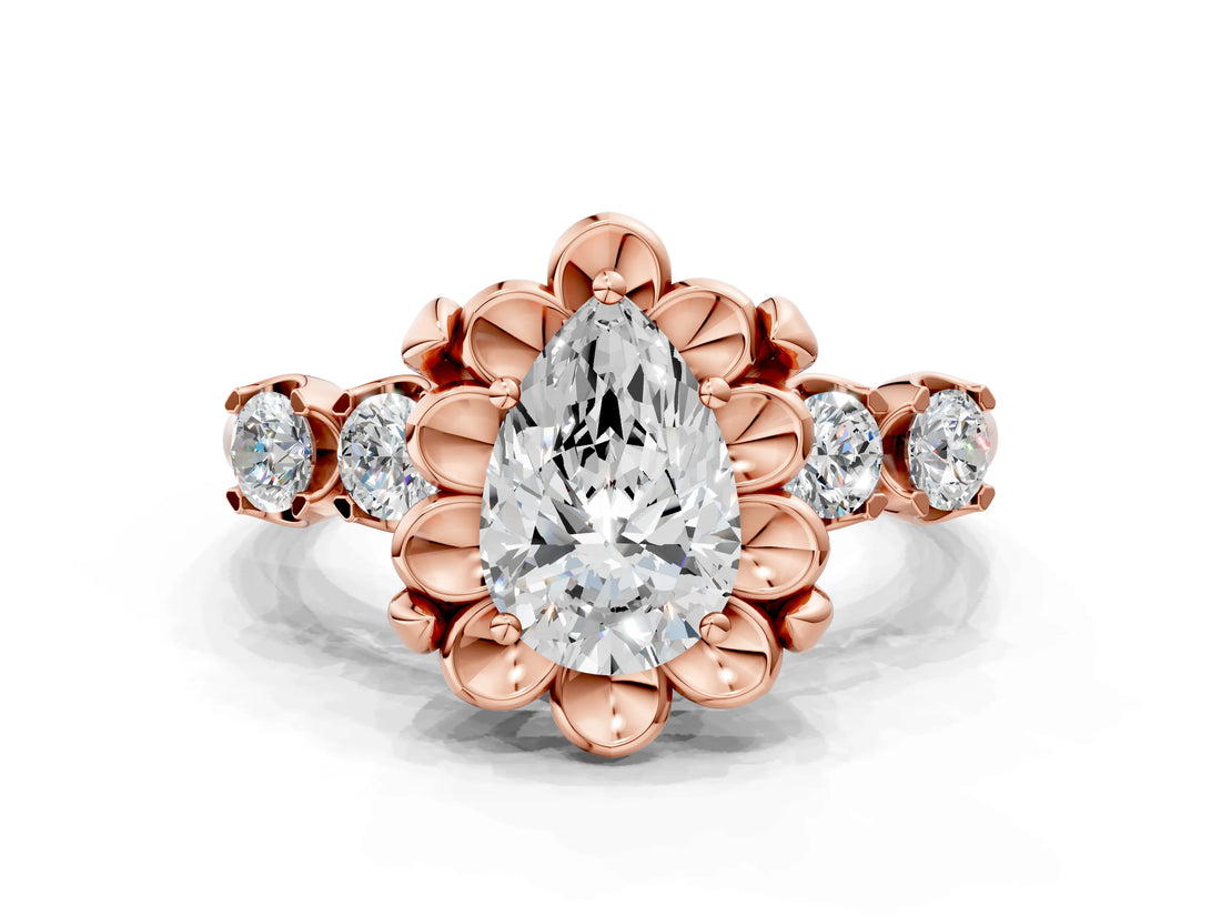 Rose gold Pear Cut Diamond Floral Halo Engagement Ring with Shared Prong Setting
