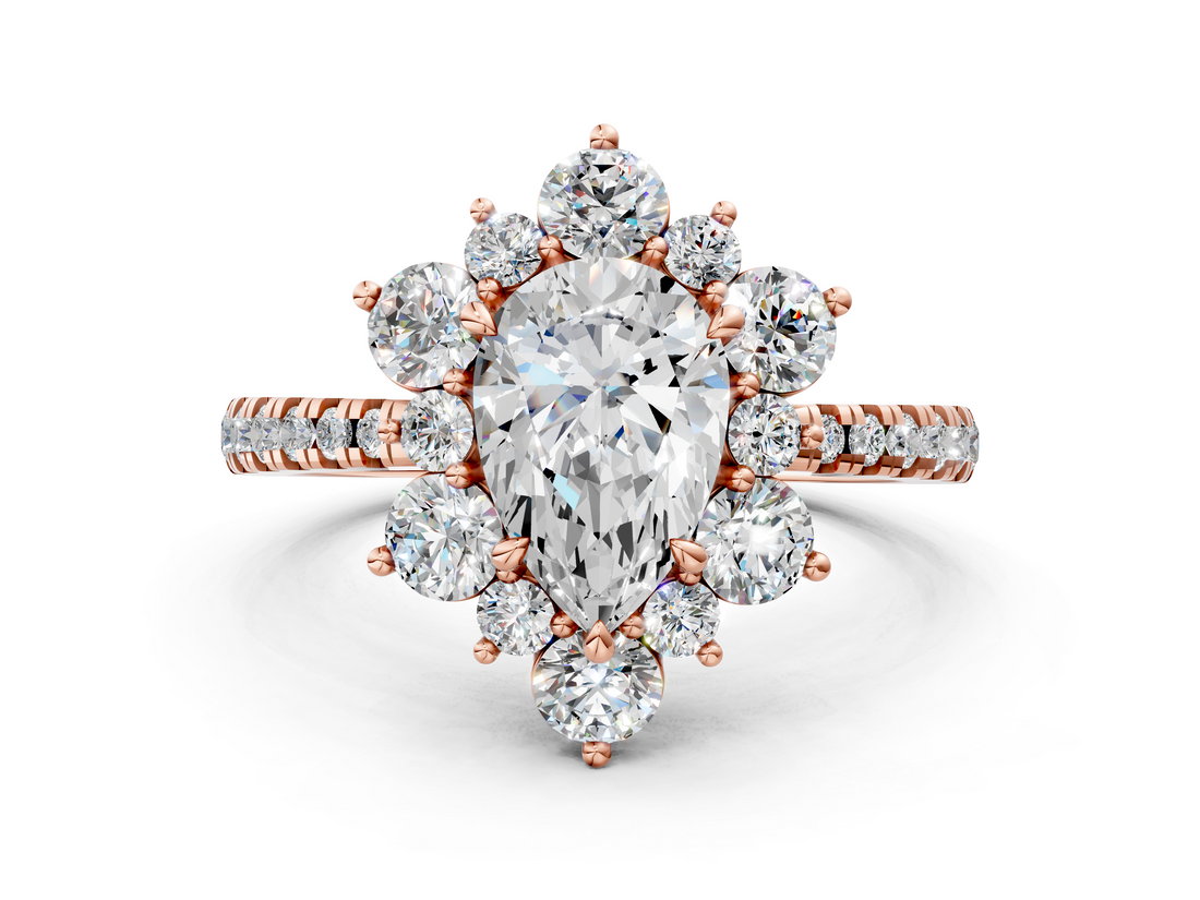 Rose gold Pear Cut Diamond Floral Halo Pave Band with Prong Setting_37