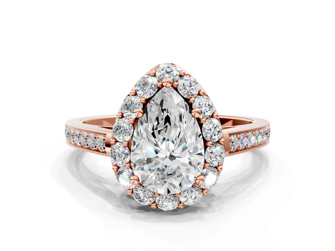 Rose gold Pear Cut Diamond Floral Halo Ring with Pavé Band and Prong Setting_3
