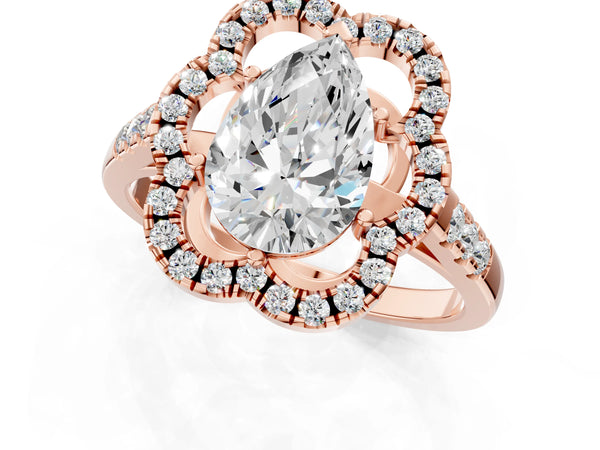 Rose gold Pear Cut Diamond Floral Halo Split Shank Prong Setting Ring