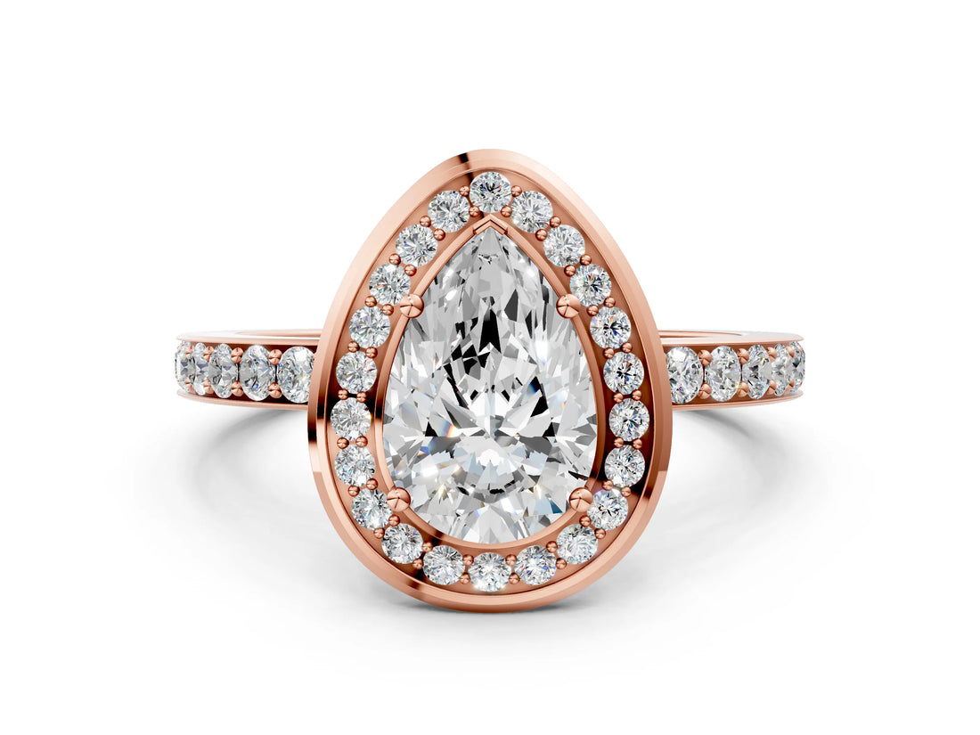 Rose gold Pear Cut Diamond Halo Ring with Bezel Frame and Pavé Band_7
