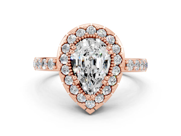 Rose gold Pear Cut Moissanite Halo Ring with Pavé Band and Prong Setting
