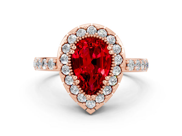Rose gold Pear Cut Ruby Halo Ring with Pavé Band and Prong Setting