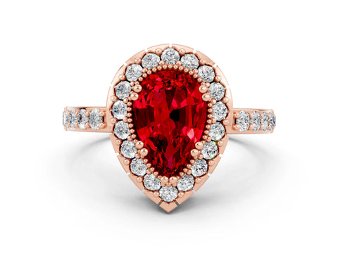 Rose gold Pear Cut Diamond Halo Ring with Pavé Band and Prong Setting