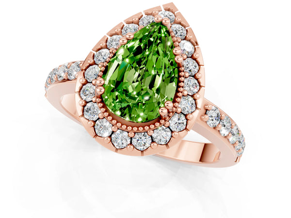 Rose gold Pear Cut Peridot Halo Ring with Pavé Band and Prong Setting
