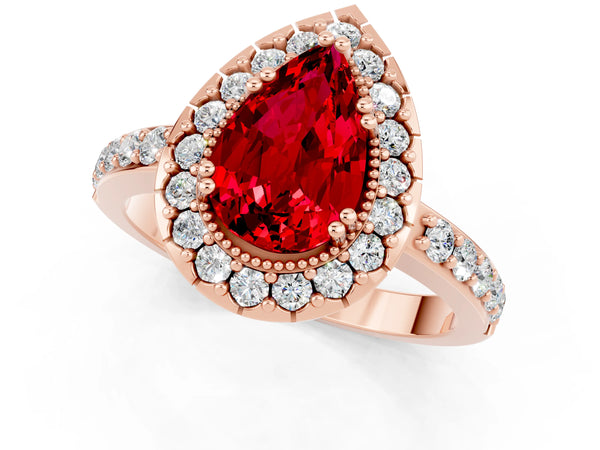 Rose gold Pear Cut Ruby Halo Ring with Pavé Band and Prong Setting