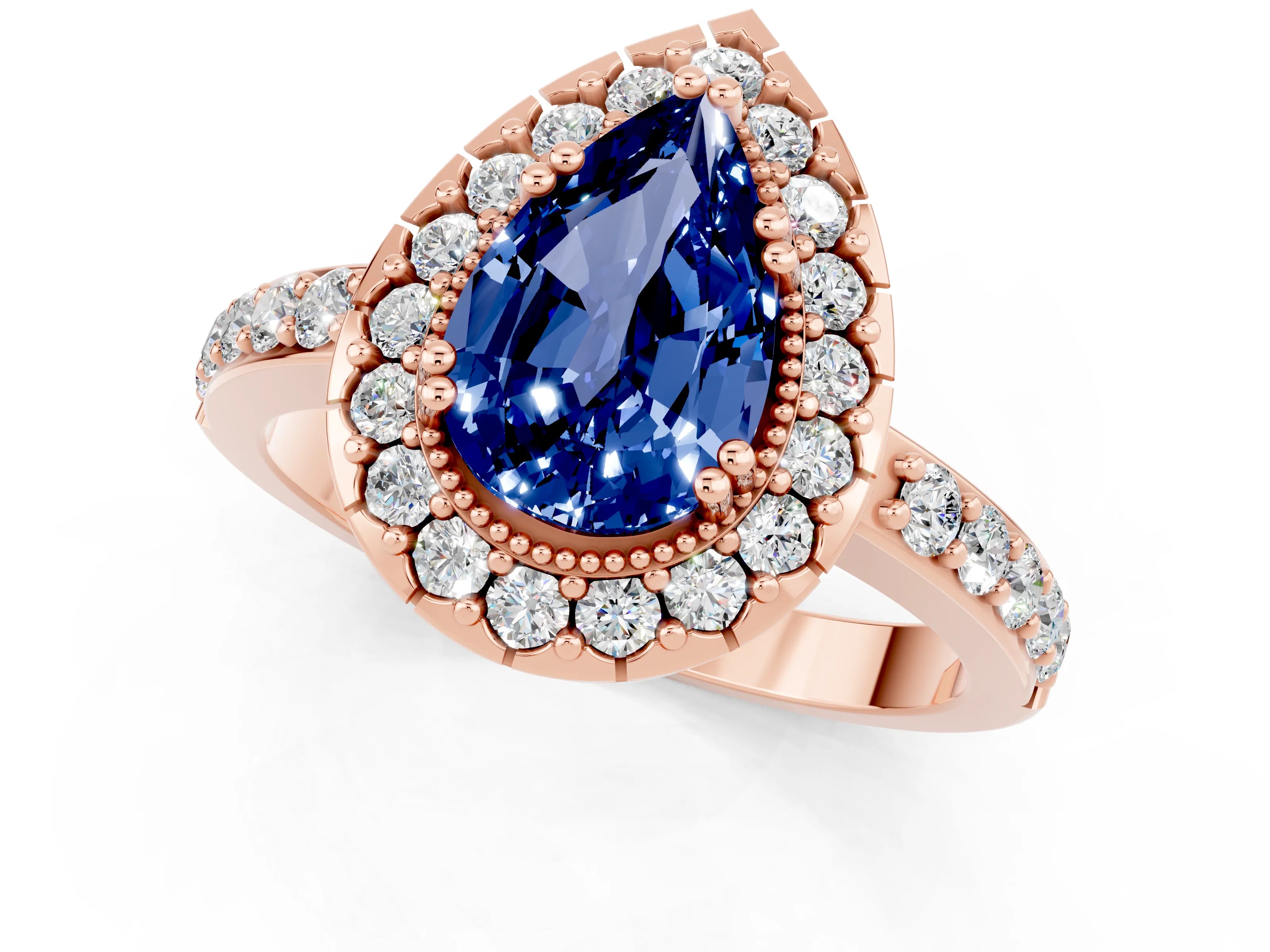Rose gold Pear Cut Diamond Halo Ring with Pavé Band and Prong Setting_1
