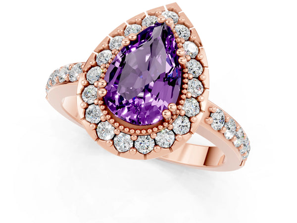Rose gold Pear Cut Amethyst Halo Ring with Pavé Band and Prong Setting