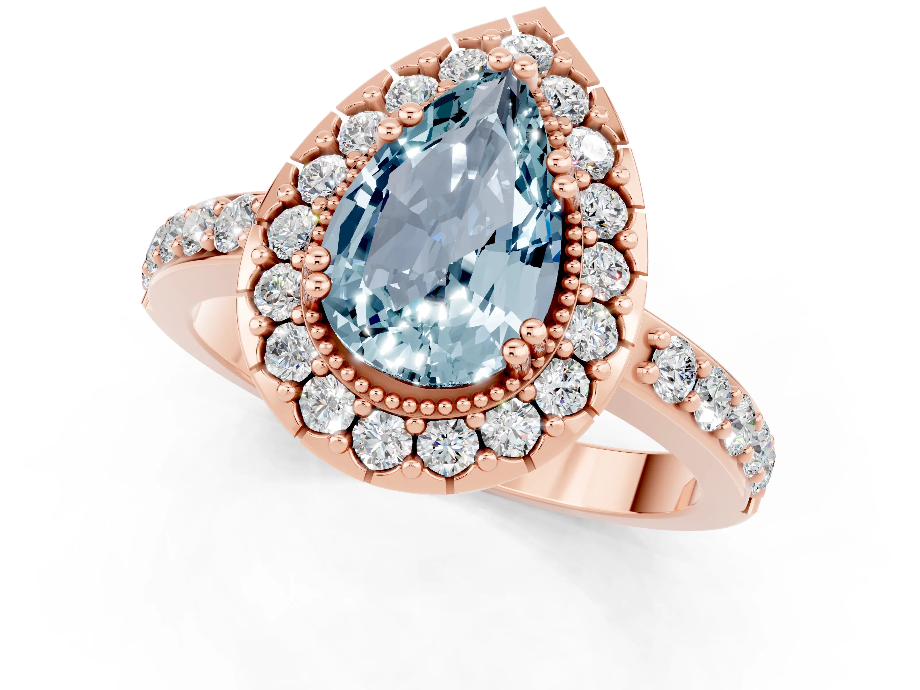 Rose gold Pear Cut Diamond Halo Ring with Pavé Band and Prong Setting_1