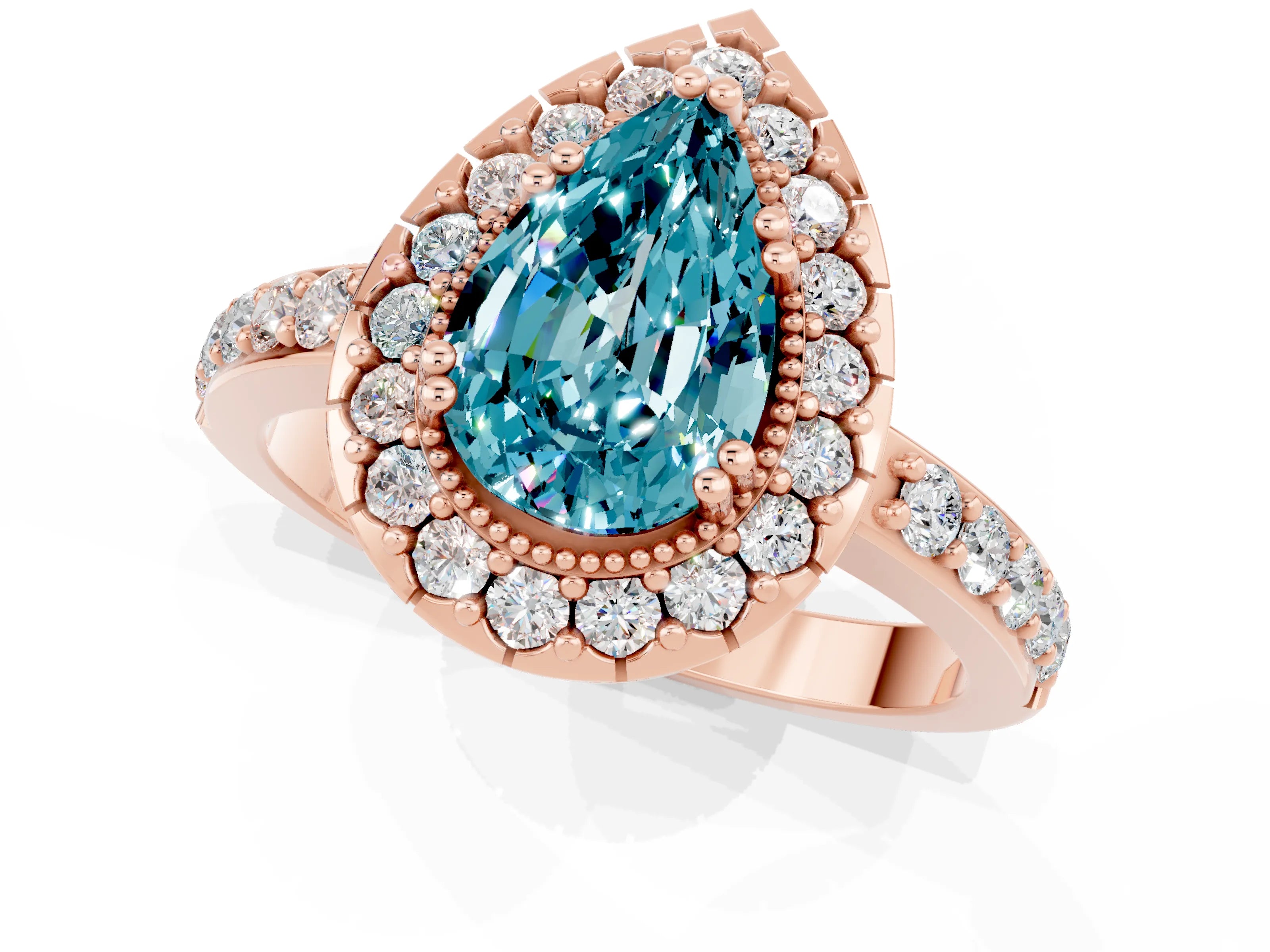 Rose gold Pear Cut Diamond Halo Ring with Pavé Band and Prong Setting_1