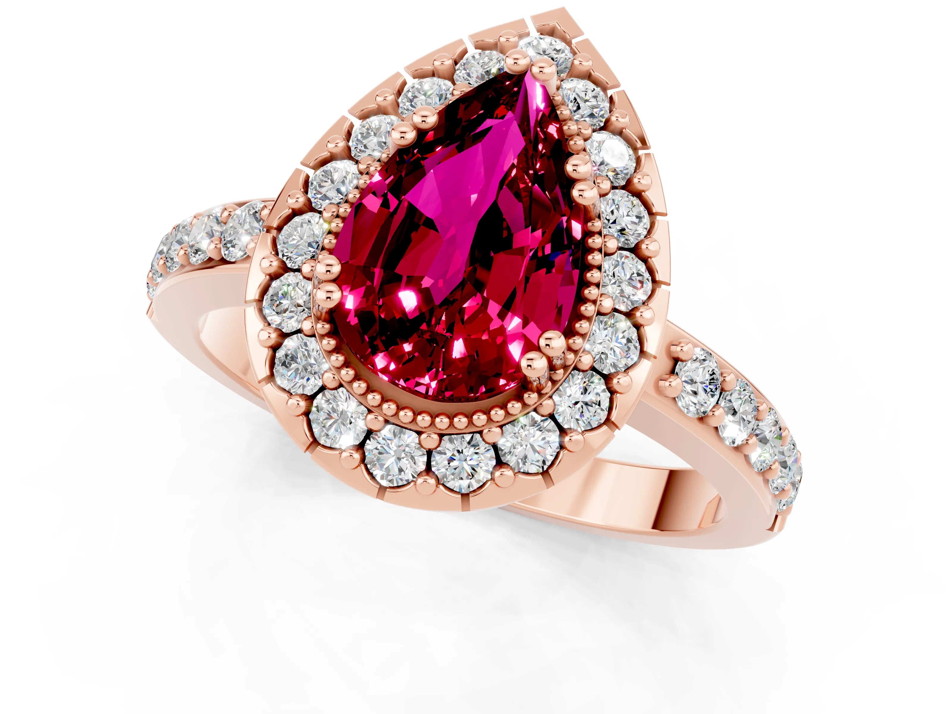 Rose gold Pear Cut Diamond Halo Ring with Pavé Band and Prong Setting_1