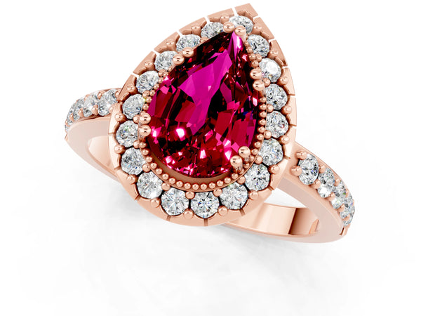 Rose gold Pear Cut Garnet Halo Ring with Pavé Band and Prong Setting