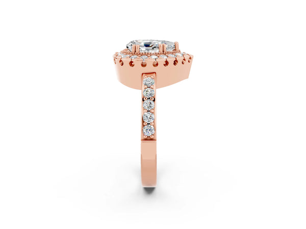 Rose gold Pear Cut Moissanite Halo Ring with Pavé Band and Prong Setting