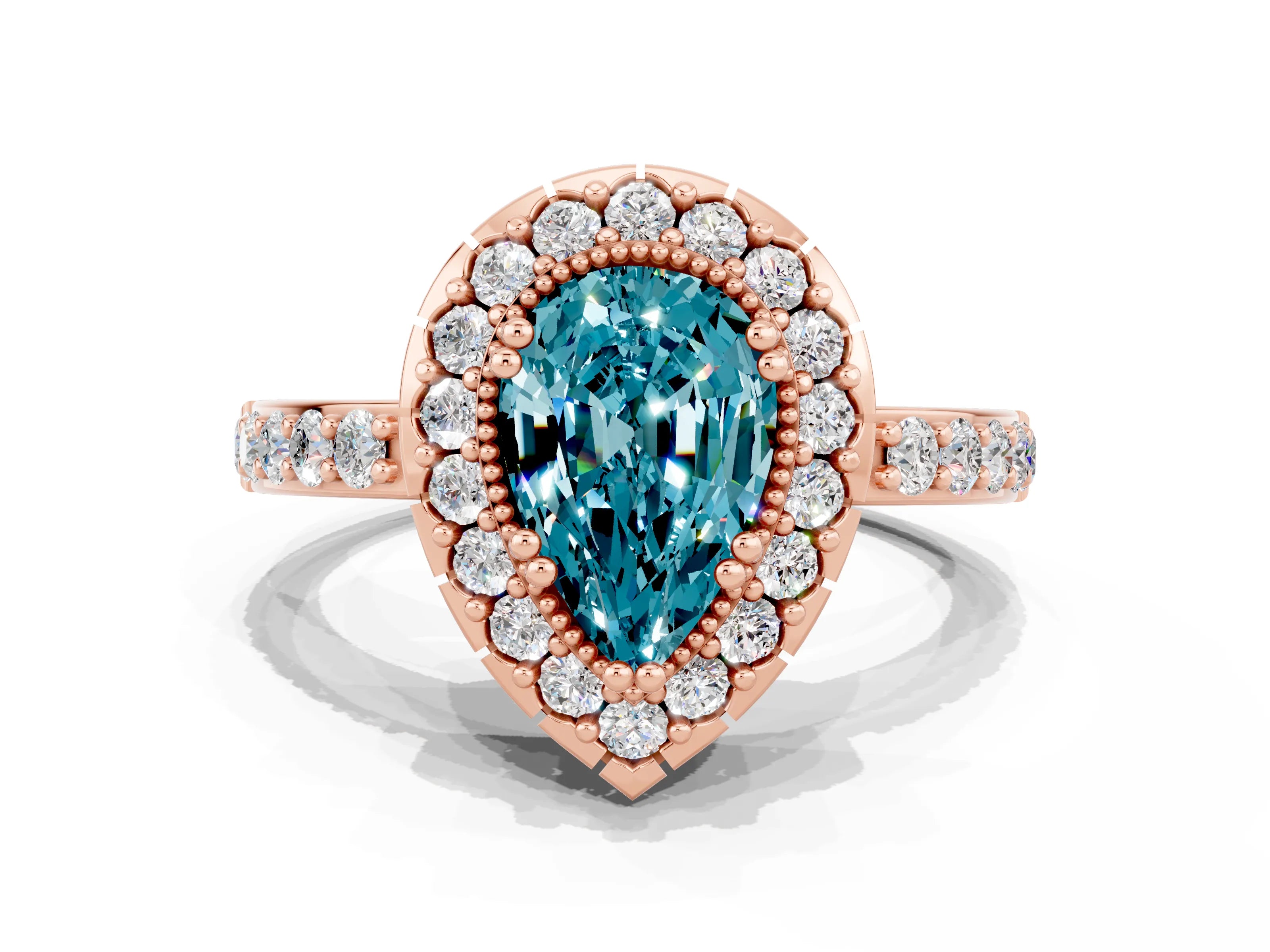 Rose gold Pear Cut Diamond Halo Ring with Pavé Band and Prong Setting