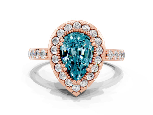Rose gold Pear Cut Blue Topaz Halo Ring with Pavé Band and Prong Setting