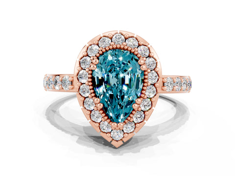 Rose gold Pear Cut Diamond Halo Ring with Pavé Band and Prong Setting