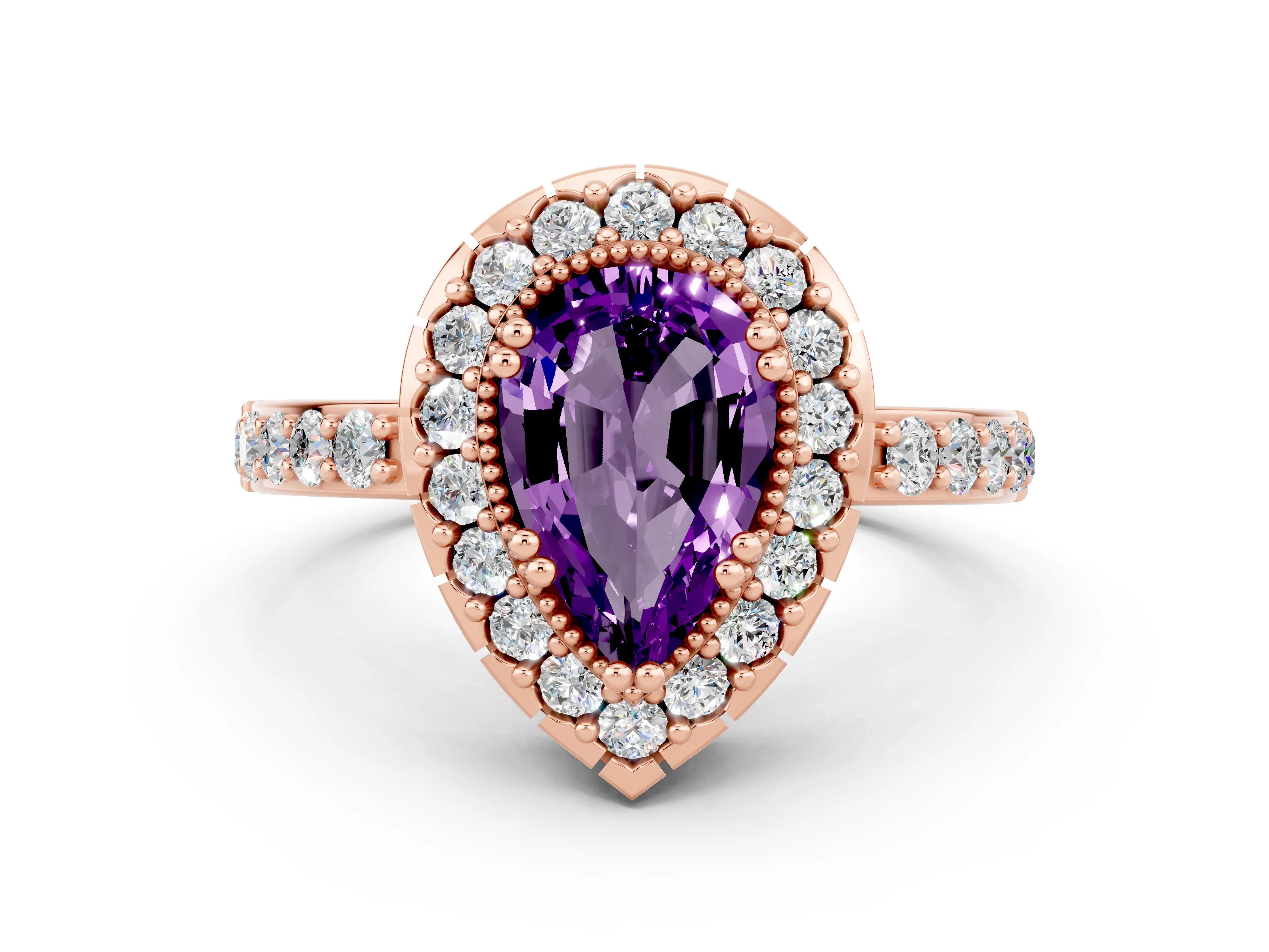 Rose gold Pear Cut Diamond Halo Ring with Pavé Band and Prong Setting
