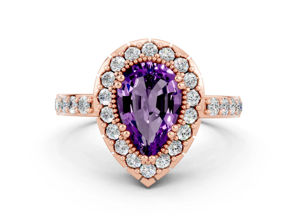 Rose gold Pear Cut Amethyst Halo Ring with Pavé Band and Prong Setting