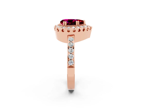 Rose gold Pear Cut Garnet Halo Ring with Pavé Band and Prong Setting