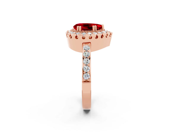 Rose gold Pear Cut Ruby Halo Ring with Pavé Band and Prong Setting