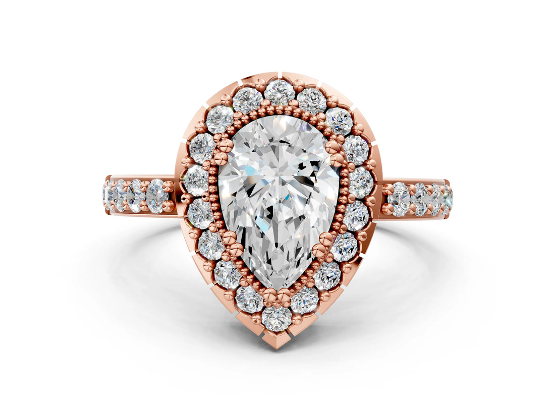 Rose gold Pear Cut Diamond Halo Ring with Pavé Band and Prong Setting_3